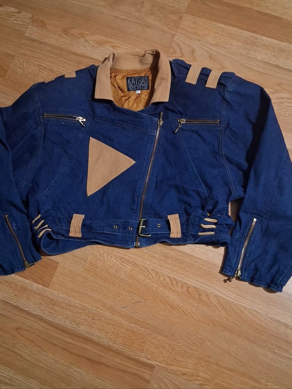 Women's Blue Denim Bomber Jacket with Tan Accents